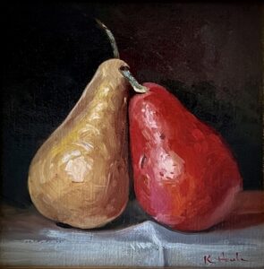 Oil painting of two pears