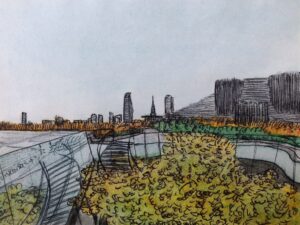 Sketch of cityscape with greenery in the foreground